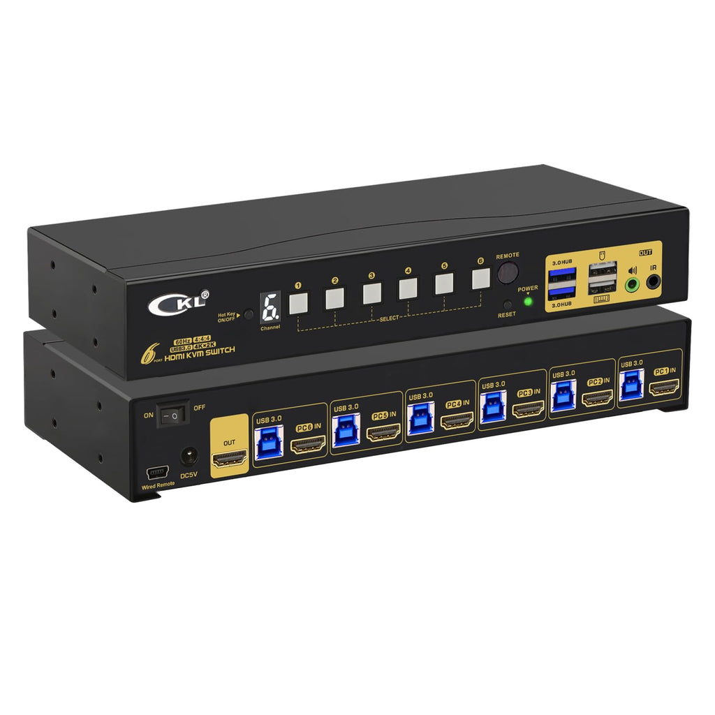 CKL KVM Switch Single Monitor HDMI 4K@60Hz (1 Monitor 6 Computers 9136H-3) for Home and Office to Console Desktops/Laptops, Support USB 3.0, Hot Key, Audio, Wireless Keyboard and Mouse