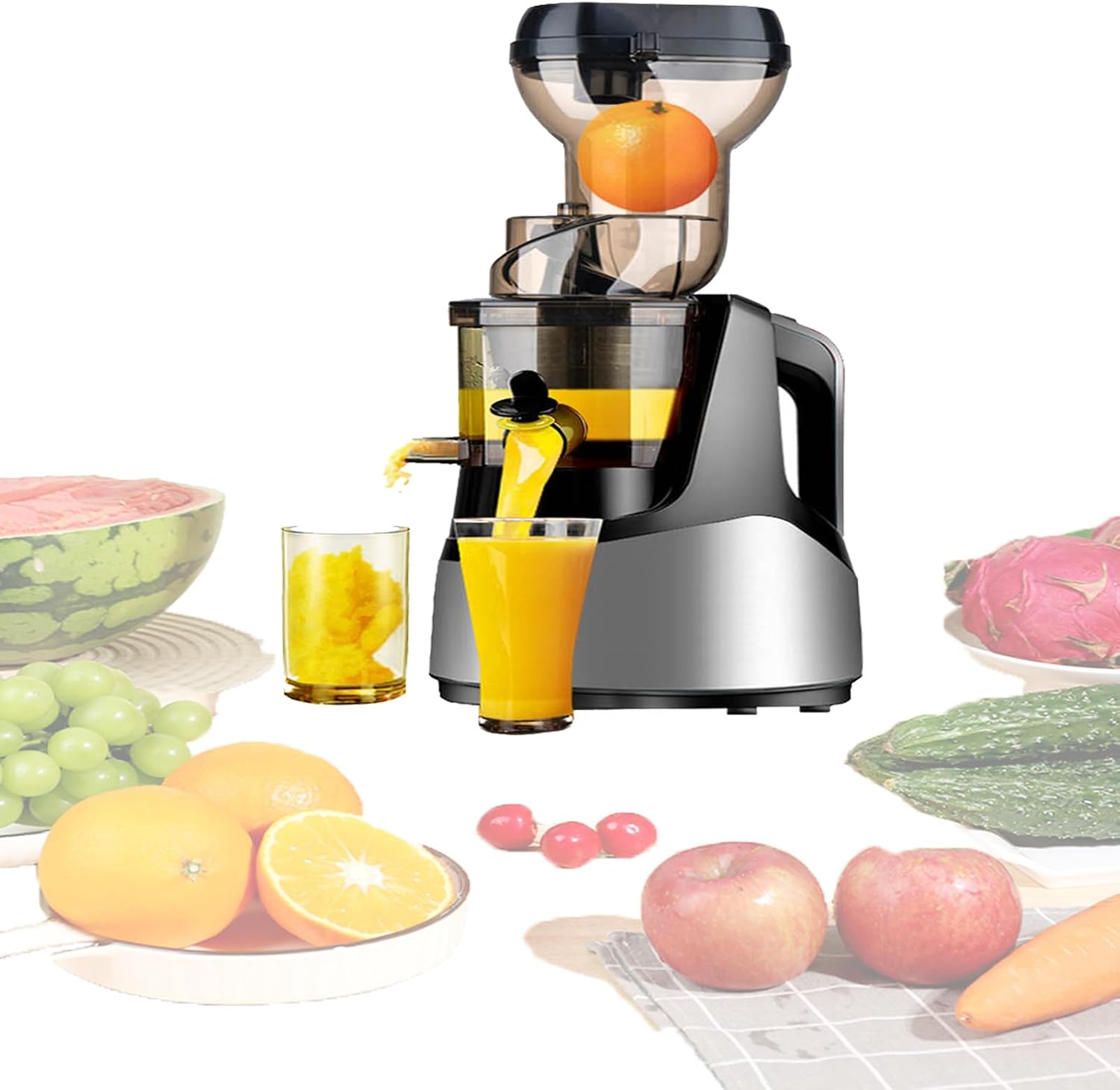 Centrifugal Juicer Machines,3.2' Large Feed Chute For Whole Fruits & Vegetables,Stainless Steel Slow Masticating Juicer,Easy To Clean,7-Segment Spiral Shaft,3 Strainers,Silver