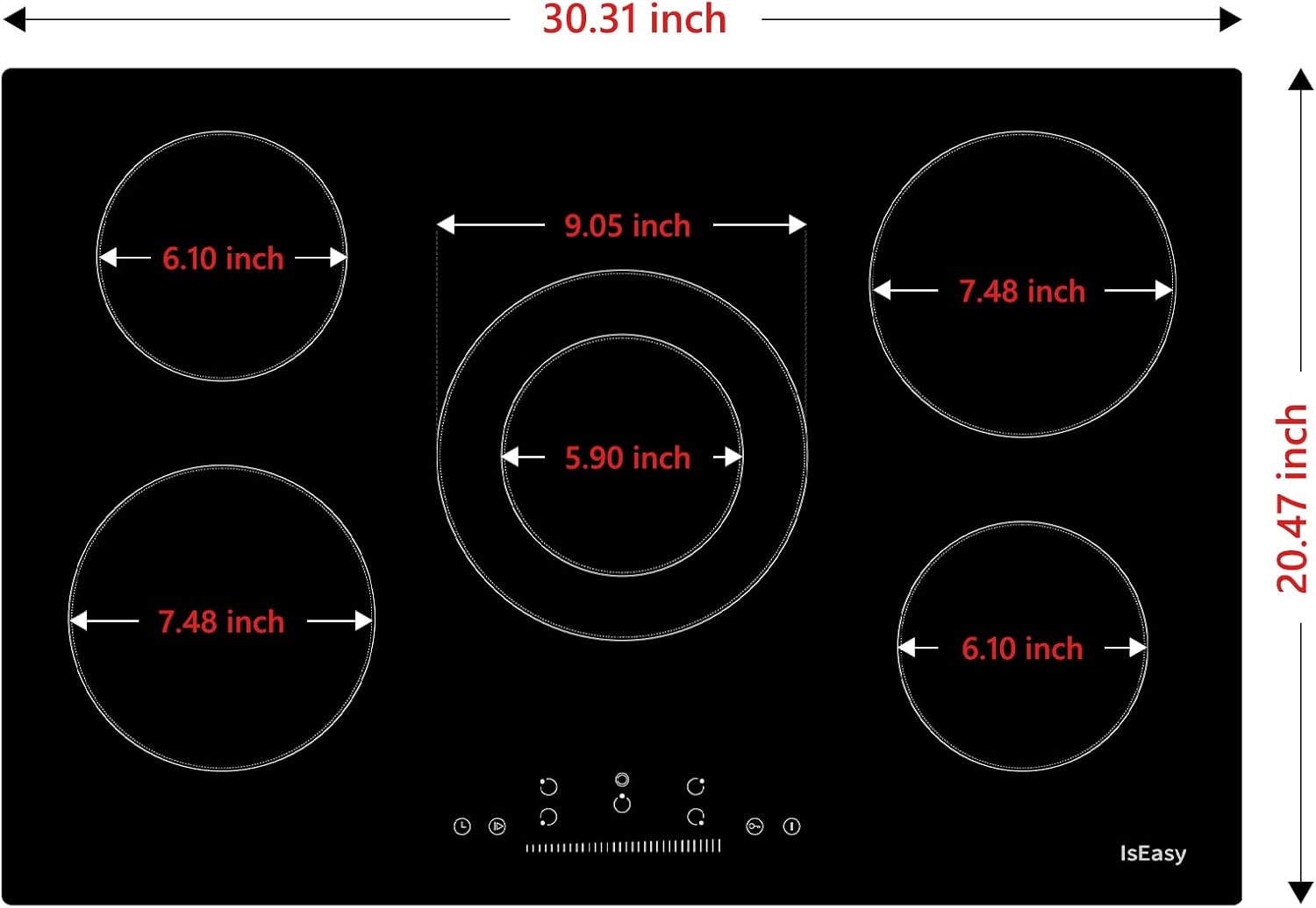 Electric Cooktop Ceramic Stove 5 Burners 30 inch Built-in Countertop Burners Cooker Satin Glass in Black Touch Sensor Control,Timer,Child Safety Lock,9 Power Levels,220-240V