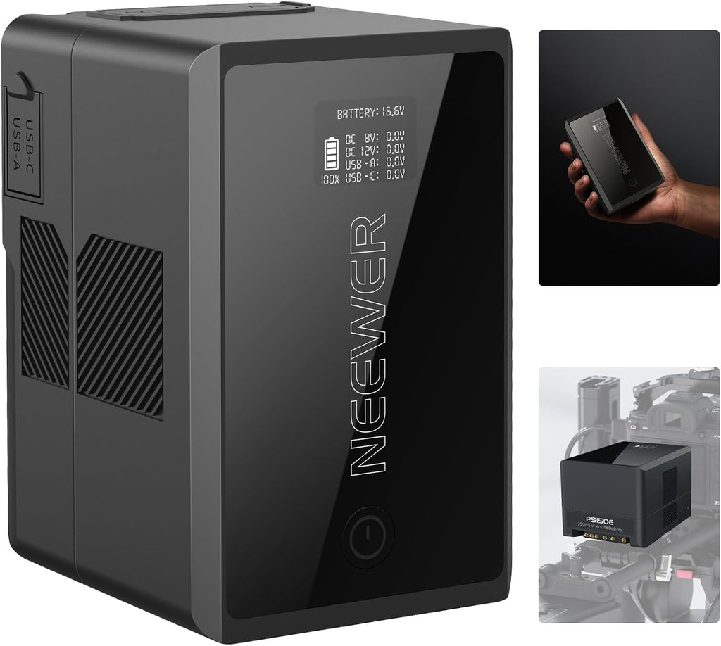 Neewer V Mount Battery PS150E Supports 100W PD USB C Fast Charging, 10350mAh 150Wh 14.54V, with D Tap/USB C/USB A/BP/Dual DC Ports/OLED Screen, V Lock Battery for Camera Camcorder Monitor Video Light