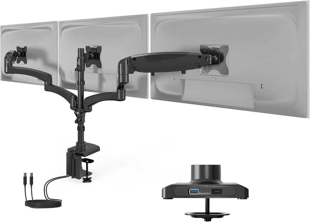 Mount-It! Triple Monitor Mount, 3 Monitor Desk Mount with Gas Spring Arms, Fits 13–32 Inch Screens up to 17.6 lbs per Arm, VESA 75 & 100, Clamp or Grommet Base, USB-A & C Ports, Black