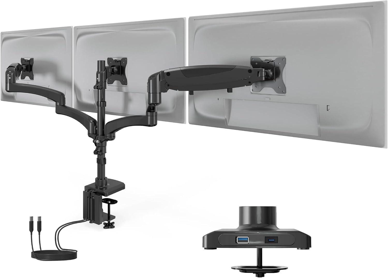 Mount-It! Triple Monitor Mount, 3 Monitor Desk Mount with Gas Spring Arms, Fits 13–32 Inch Screens up to 17.6 lbs per Arm, VESA 75 & 100, Clamp or Grommet Base, USB-A & C Ports, Black