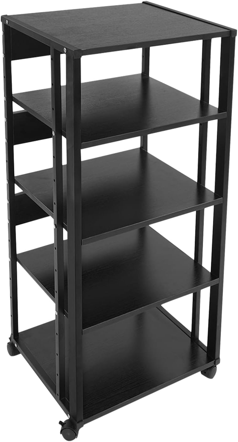 5-Tier Audio-Video Media Stand with Adjustable Shelves, Home AV Media Stand Rack with 4 Lockable Wheels, Freestanding Media Stand for Holding Amplifiers, Books (Black)
