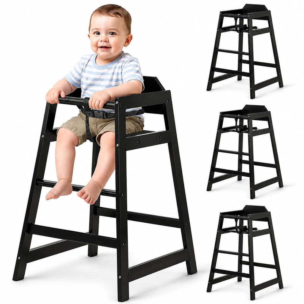 4-Pack Wooden Baby High Chair -Stack-able Solid Wood Feeding Seats, with Commercial Grade Solid Wood for Dining Table & Kitchen - Compact & Portable Design for Restaurant & Home Use（Black）