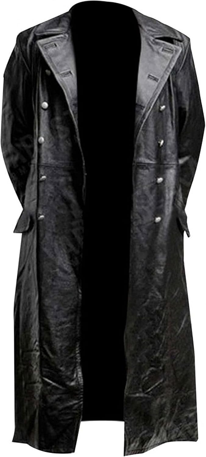 SKY-SELLER German Classic Officer WW2 Military Uniform Black Leather Trench Coat