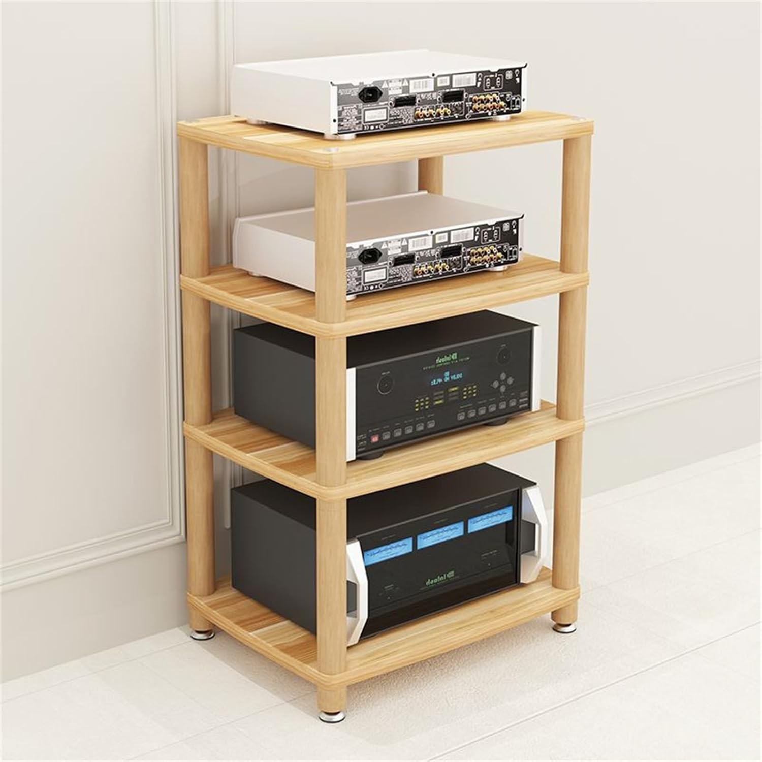 AV Media Stand 2/3/4 Tier Record Player DVD CD Audio Rack Tower Holder, Adjustable Media Storage Cabinet, Entertainment Stereo Racks Equipment Console Shelf,Wood,4 Tier