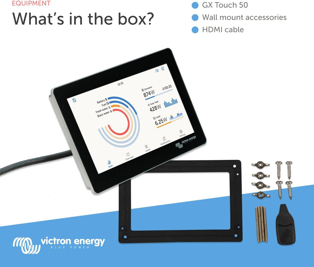 Victron Energy GX Touch 50 Display Screen - Waterproof 5-Inch Touchscreen for Cerbo GX for System Monitoring and Control - Easy Dashboard Mounting with Bolted Installation - HDMI Cable Included