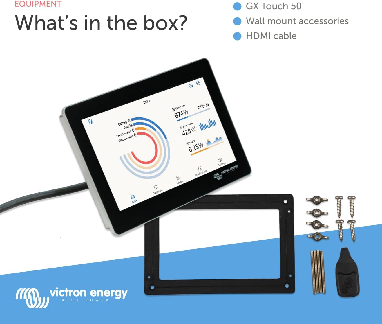 Victron Energy GX Touch 50 Display Screen - Waterproof 5-Inch Touchscreen for Cerbo GX for System Monitoring and Control - Easy Dashboard Mounting with Bolted Installation - HDMI Cable Included