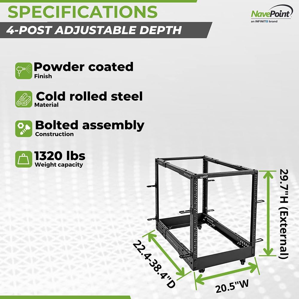 NavePoint 12U 4 Post Server Rack – Open Frame Rack for 19 Inch Equipment, Adjustable Depth 4-Post Network Rack with Casters Wheels, 12U Server Rack 1320lbs Capacity, Black