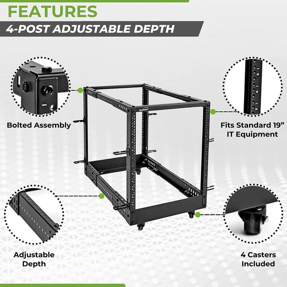 NavePoint 12U 4 Post Server Rack – Open Frame Rack for 19 Inch Equipment, Adjustable Depth 4-Post Network Rack with Casters Wheels, 12U Server Rack 1320lbs Capacity, Black