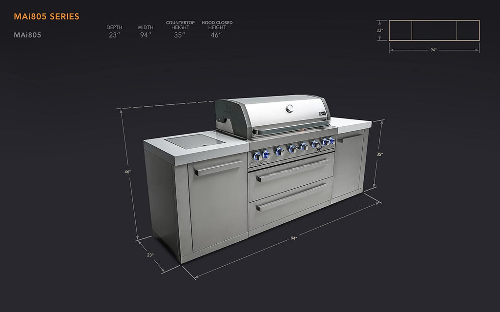 Mont Alpi MAi805 Outdoor Kitchen Island Grill - 44 Inch 6 Burner 115000 BTU Stainless Steel | Infrared Side & Rear Burner | Granite Countertop | Propane