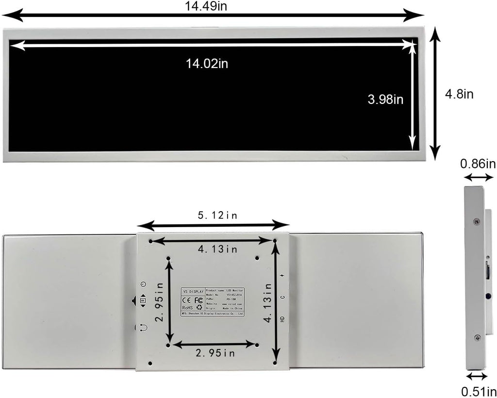 VSDISPLAY 14.5 Inch White LCD Monitor 2560x720 2K Resolution USB-C Stretched Bar Display for Computer PC Case GPU CPU Secondary Screen