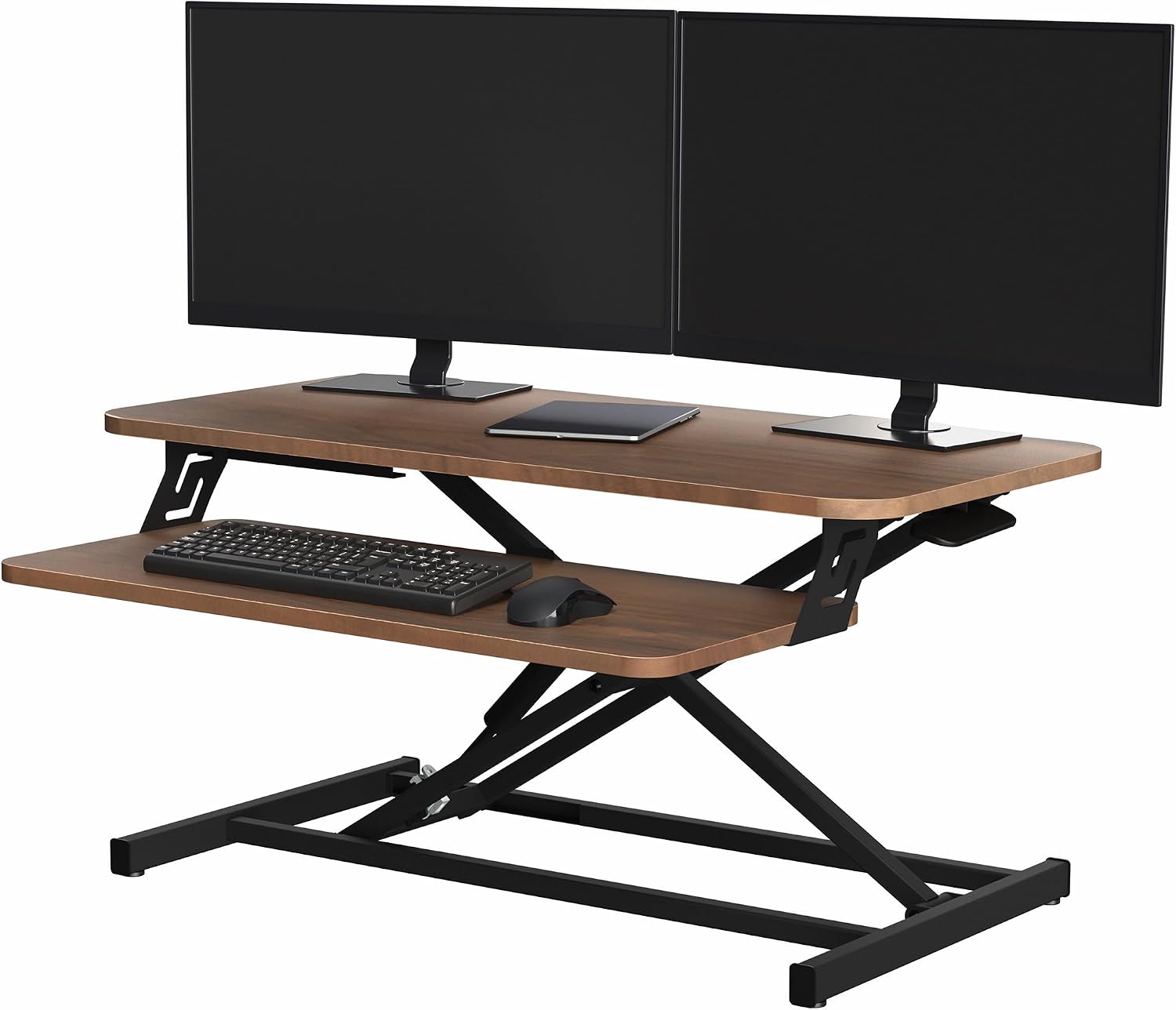 VIVO Height Adjustable 32 inch Stand Up Desk Converter, Quick Sit to Stand Tabletop Dual Monitor Riser Workstation, Dark Walnut Desktop, Black Frame, DESK-V000SD