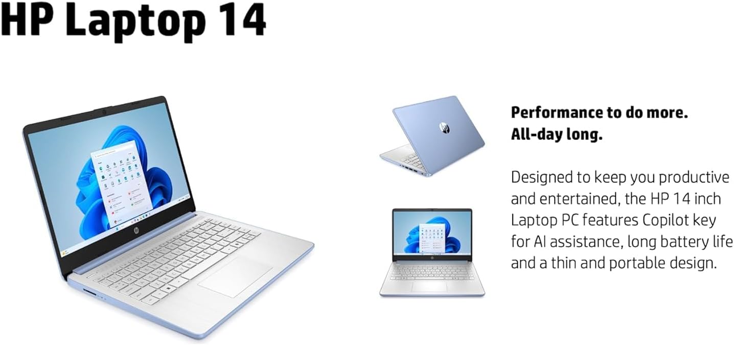 HP 14 Student & Business Laptop 14.0' HD Display (Intel Celeron N4500, 16GB DDR4, 512GB PCIe SSD, Intel UHD, WiFi 6, Webcam, BT 5.4, Sky Blue, Win 11 Home S-Mode) with DKZ USB Port Expander