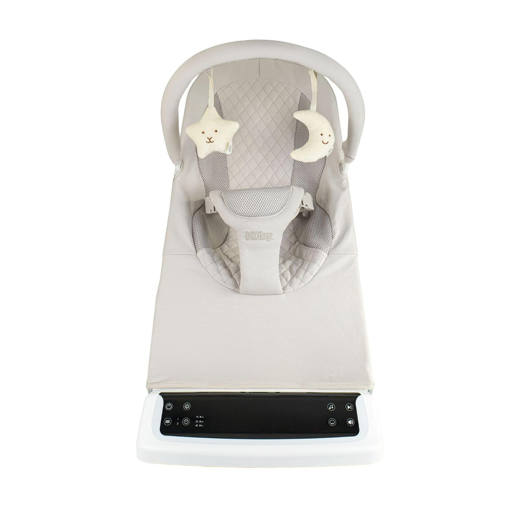 Nuby Deluxe Baby Bouncer Seat - Portable Infant Bouncer with Music, Fun Sounds, and Soothing Vibrations - Digital Display - 0-6 Months - Beige
