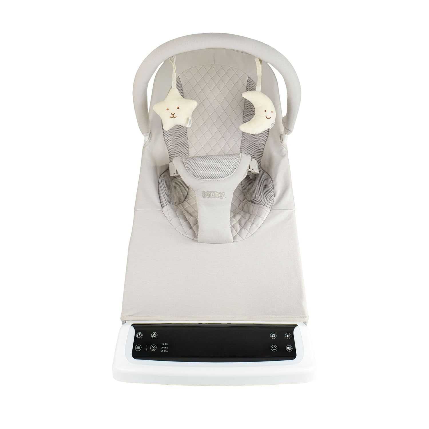 Nuby Deluxe Baby Bouncer Seat - Portable Infant Bouncer with Music, Fun Sounds, and Soothing Vibrations - Digital Display - 0-6 Months - Beige