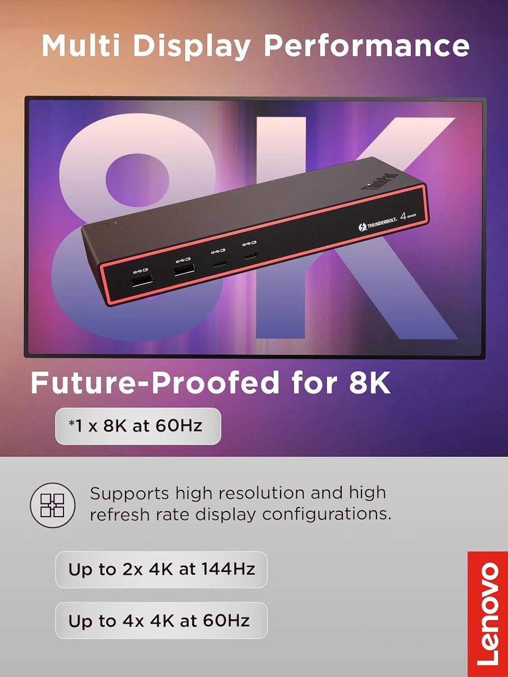 Lenovo ThinkPad Thunderbolt 4 Smart Dock Gen 2 7500, Multiple Display Support, Integrated 1M Thunderbolt 4 Cable, Remote Hardware Management, 40Gbps Data Speed, 100W Power Delivery, Black