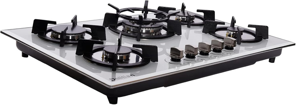 30 Inch Gas Cooktop DTW5701 White Tempered Glass Stovetop, 5 Burners LPG/NG Convertible Stove Thermocouple Protection Cooktop