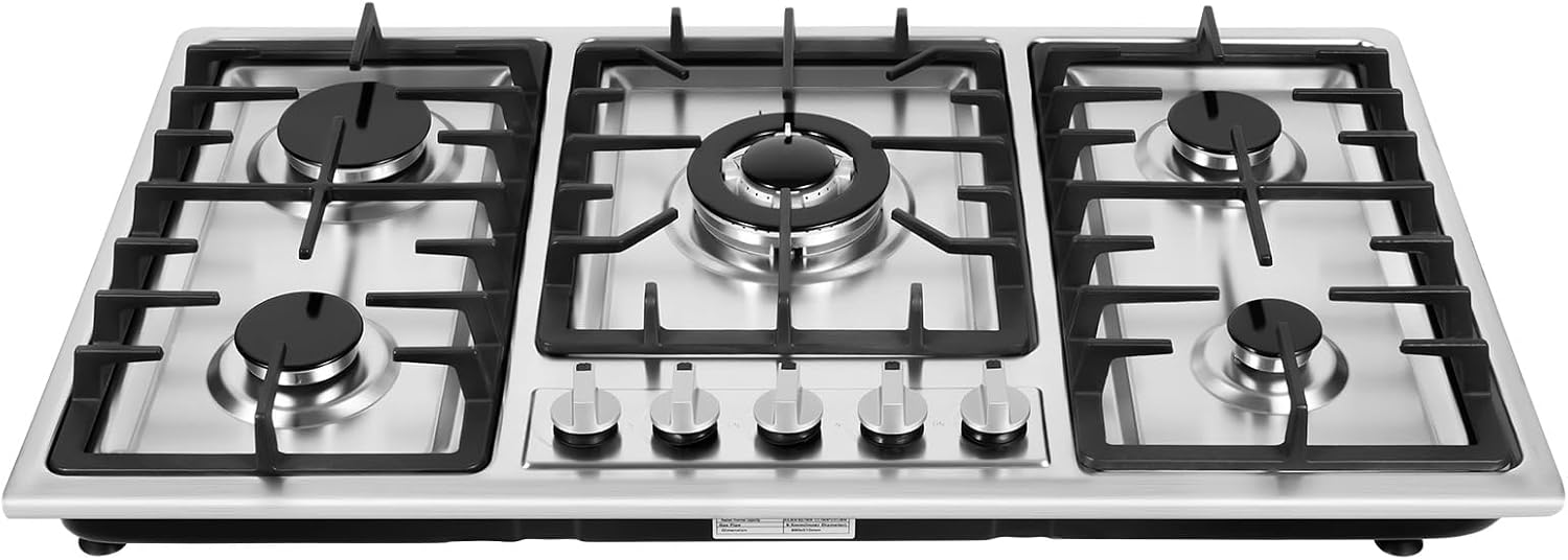 Gas Cooktop, 5 Burner Propane Stove Top, Electronic Pulse Ignition Portable Gas Stove with Push-button Rotary Switch, Built-In Stainless Steel GasCooktop for Homes or Restaurants.