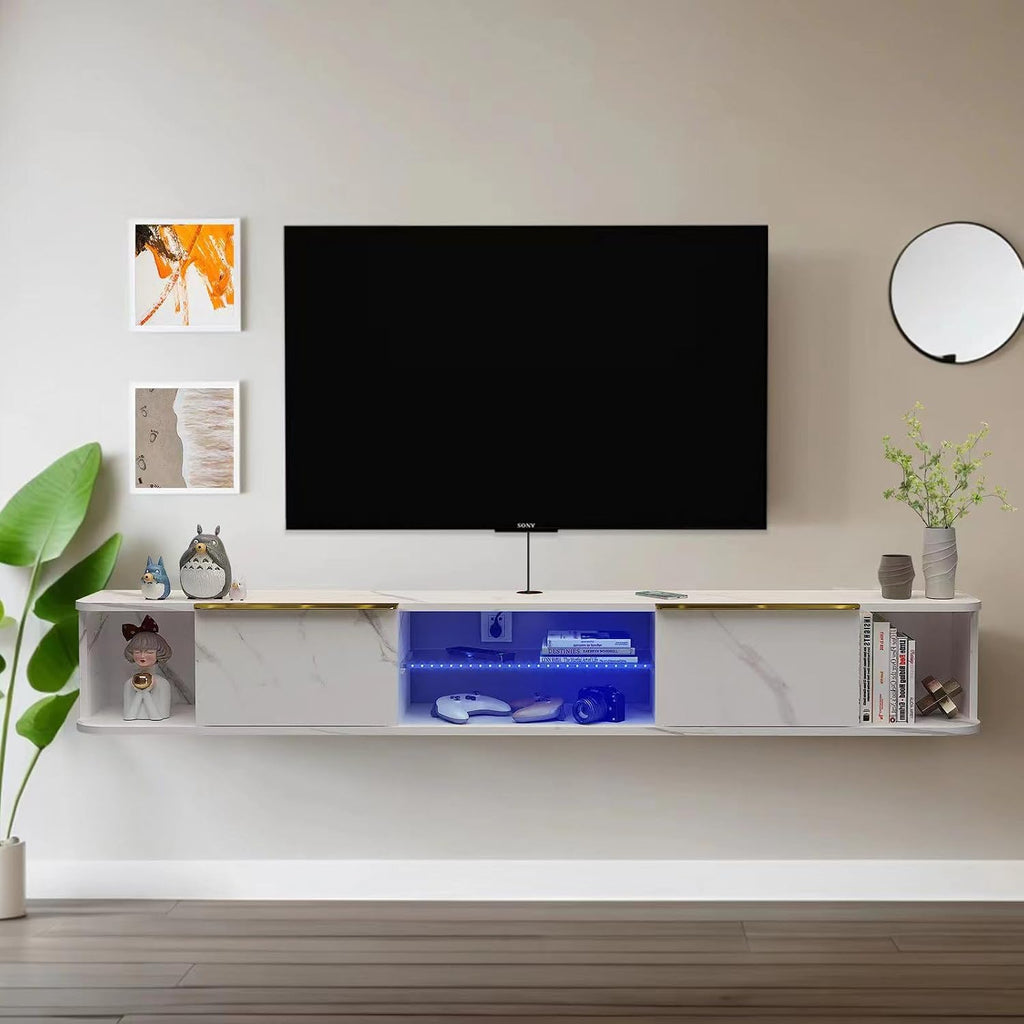 Pmnianhua LED Floating TV Stand with 2 Drawers,70'' Floating TV Shelf with LED Lights,Wall Mounted Media Console,Floating Entertainment Center with Storage for Bedroom Playroom Living Room(White)