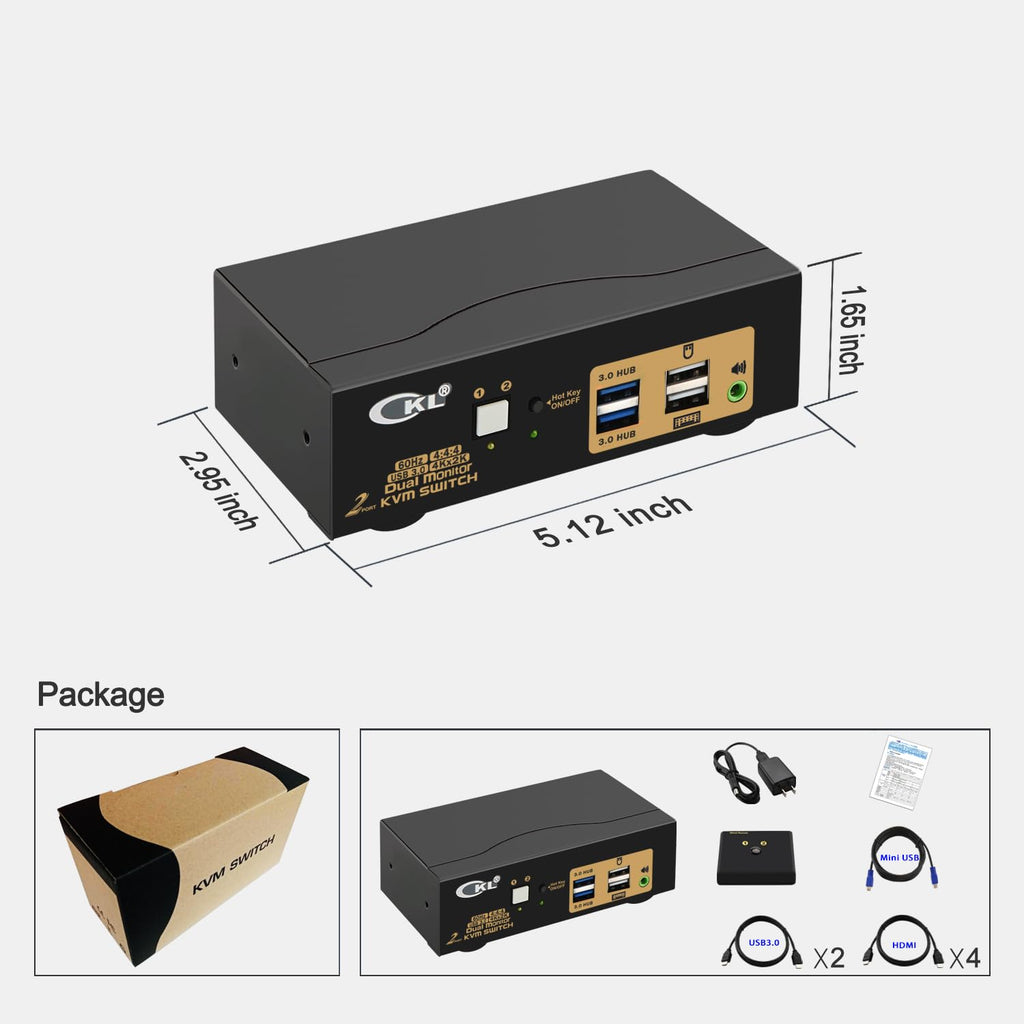 CKL KVM Switch Dual Monitor HDMI 4K@60Hz (2 Monitors 2 Computers 922HUA-3) for Home and Office to Console Desktops/Laptops, Support USB 3.0, Hot Key, Audio, Wireless Keyboard and Mouse