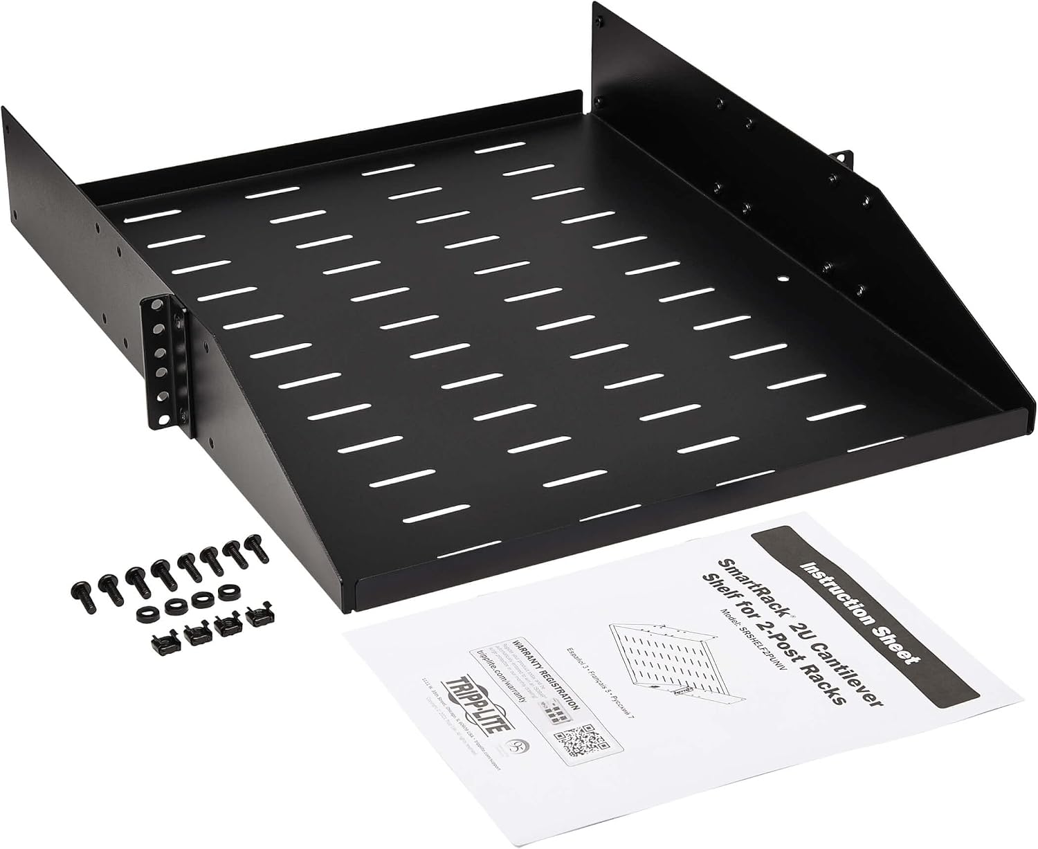 Tripp Lite 2U Universal Mount Server Rack Enclosure Shelf, Black Steel, Vented Airflow Design, Mount Hardware Included, 21.7 inch Depth, 100 lbs / 45 kg Capacity, 5-Year Warranty (SRSHELF2PUNIV)