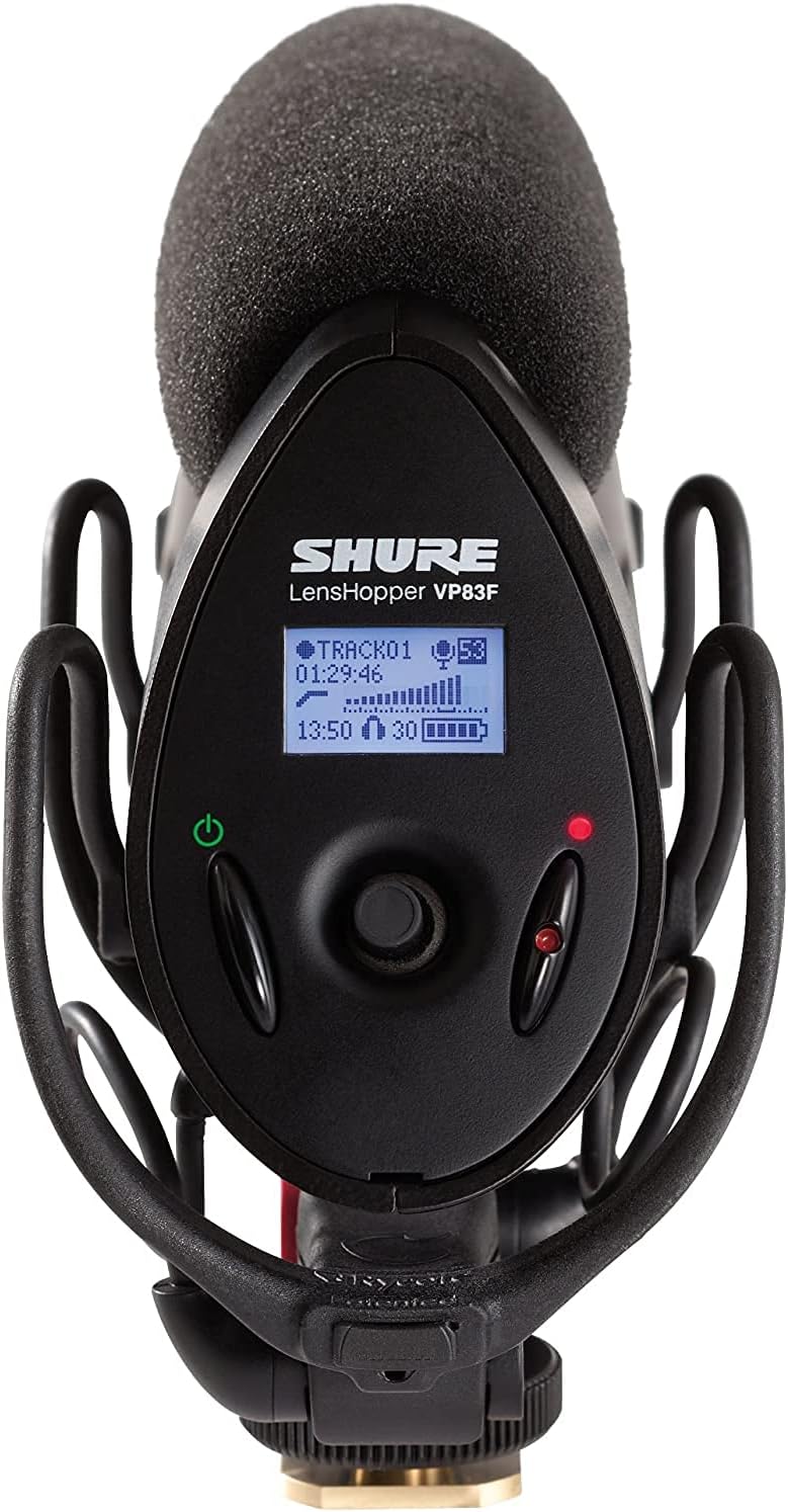 Shure VP83F LensHopper Camera-Mounted Condenser Shotgun Microphone with Integrated Digital Flash Recording - Windscreen, Superior RF Immunity, Backlit LCD, 5-Position Joystick, Rycote Lyre Shock Mount