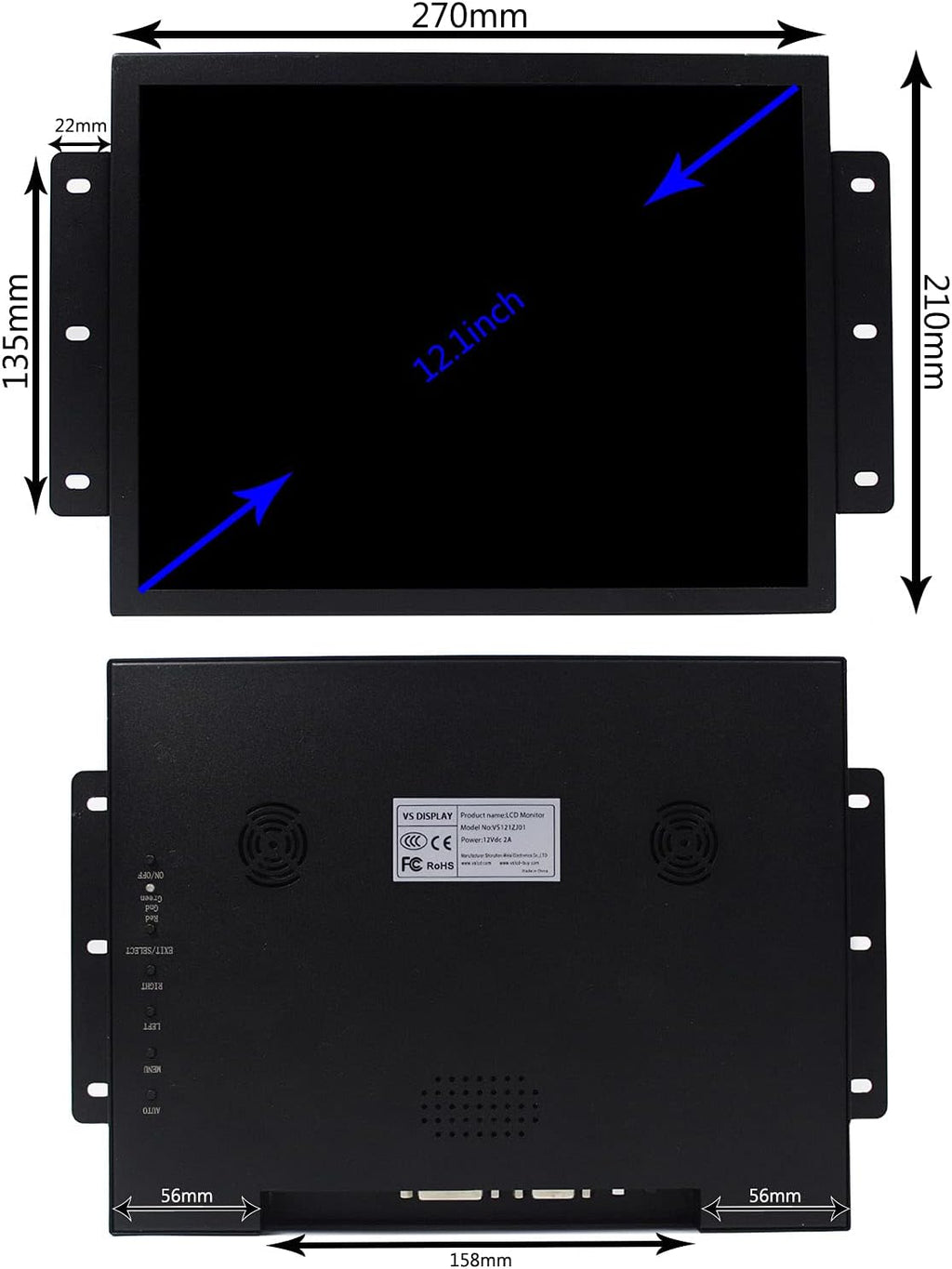 VSDISPLAY 12.1' 12.1 Inch 800x600 700nit TFT Industrial Monitor VS121ZJ01 with DVI VGA Port, Built-in Dual Speakers,Metal Shell with Bracket