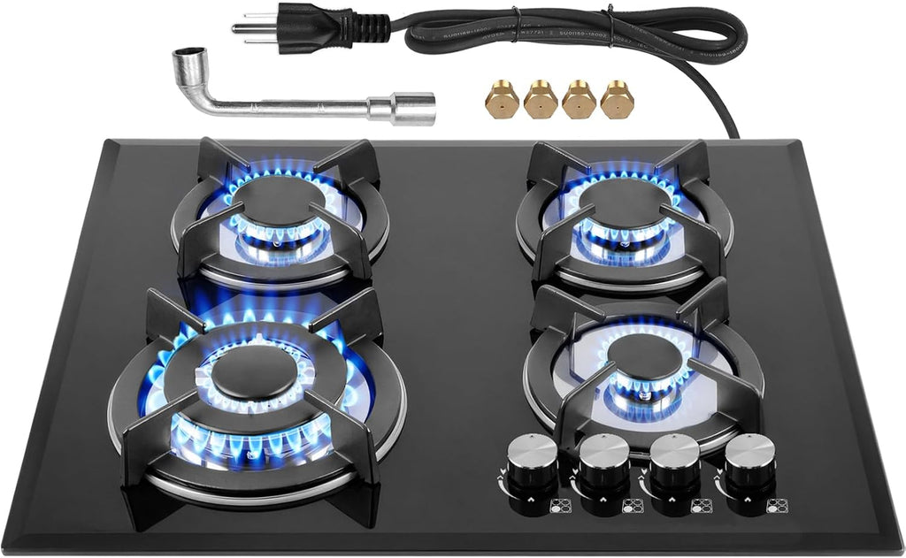 Gas Stove Top 4 Burners 24inch, Built-in Glass Gas Cooktop Propane Neutral Gas Convertible Stovetop, NG/LPG Dual Fuel Stovetop for Home, RVs