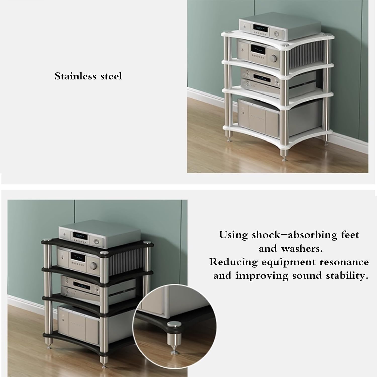 4 Tier HiFi Audio Rack for Amplifier Receiver Turntable, Heavy Duty Speaker Equipment Stand with Spikes, AV Component Storage Cabinet, Media Console for Home Theater(Wood)