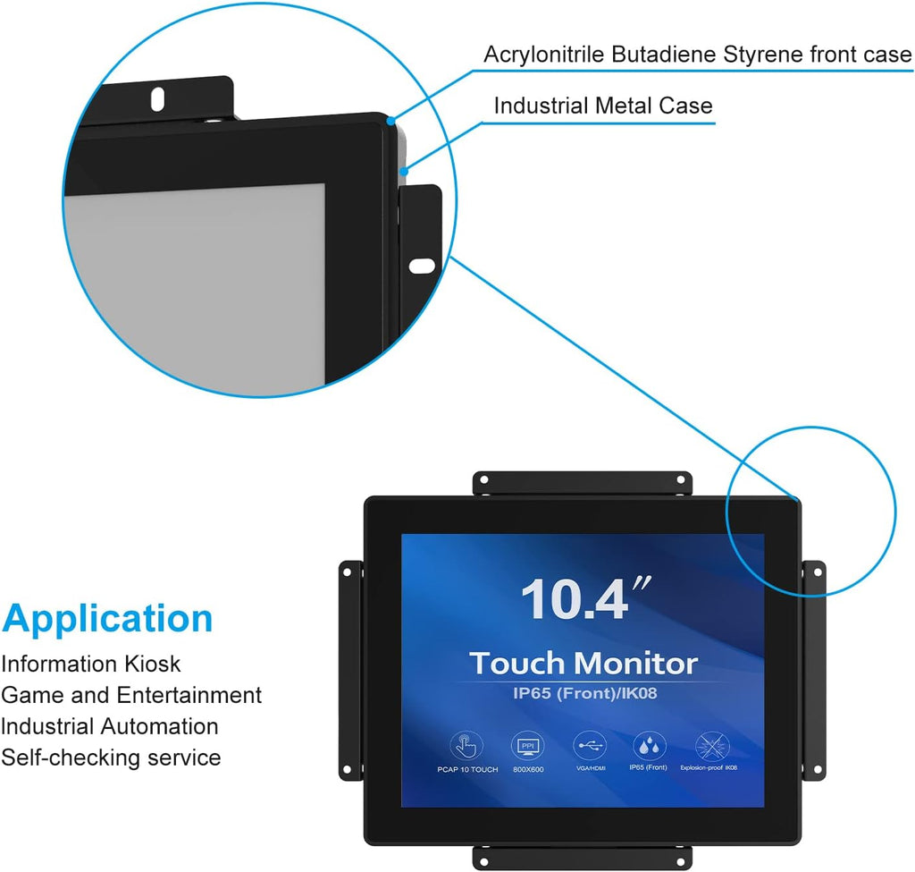 GreenTouch 10.4 inch 10 Points Front Waterproof Industrial Open Frame PCAP Touch Screen LCD Display Monitor 800x600 Black