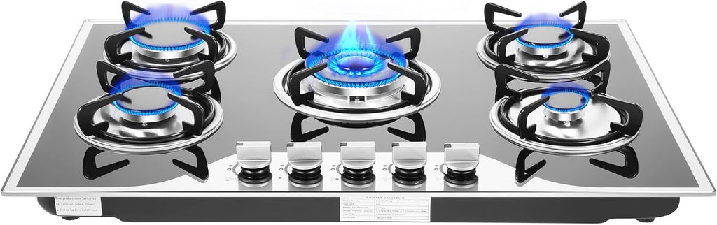 Gas Cooktop, 5 Burner Propane Stove Top, Electronic Pulse Ignition Portable Gas Stove with Burner Markers, Built-In Stainless Steel GasCooktop for Homes or Restaurants. (Black, Silver)