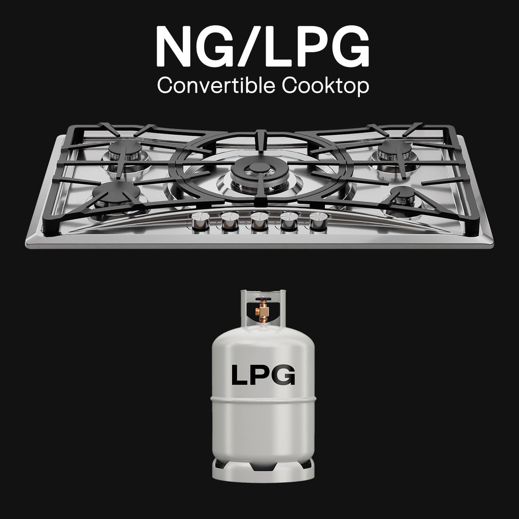 Empava 36 in. Gas Stove Cooktop with 5 Italy Sabaf Sealed Burners NG/LPG Convertible in Stainless Steel EMPV-36GC22