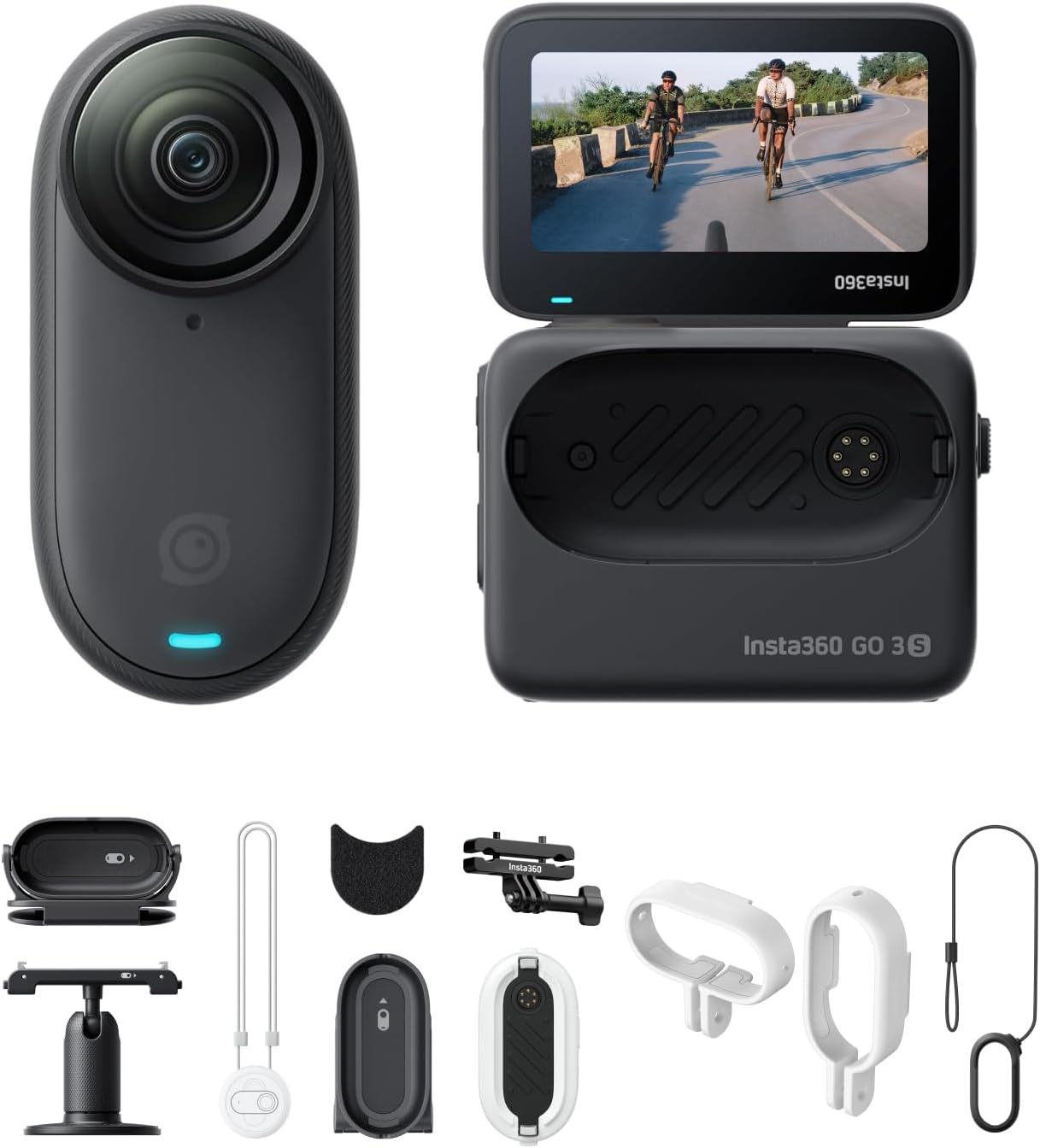 Insta360 GO 3S Cycling Multiview Bundle - 128 GB Black 4K Tiny Portable Vlogging Camera, Hands-Free POVs, Mount Anywhere, Stabilization, 140 Min Battery Life, 10m Waterproof, Pet POV, Black