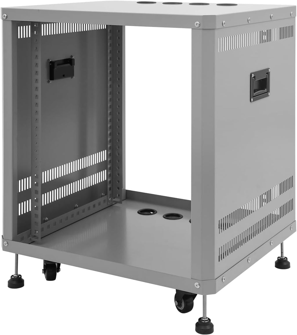 12U Server Rack with Wheels&Leveling Feet, Freestanding Rolling Open Frame IT Network Server Cabinet Rack Shelf for Audio Video Music Recording Computer AV Data & IT Equipment,Grey