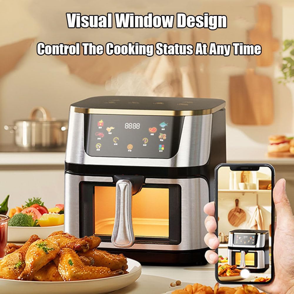 10lL Stainless Steel Visual Air Fryer, 1400w Smart Oven With Digital Touch Screen Oil-Free Fryer, 8 Cooking Presets Timing And Temperature Adjustable Easy To Clean For Family And Party