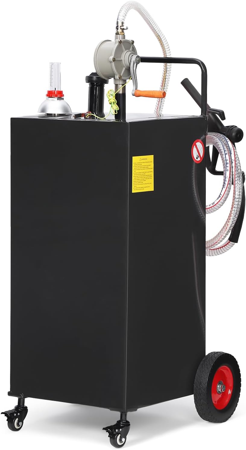 Fuel Caddy Tank 35-Gallon with Manual Transfer Pump, Heavy-Duty Mobile Gas & Diesel Storage Tank for Cars, Lawn Mowers, Boats, ATVs, and Farming Equipment. Effortless Refueling on 4 Large Wheels