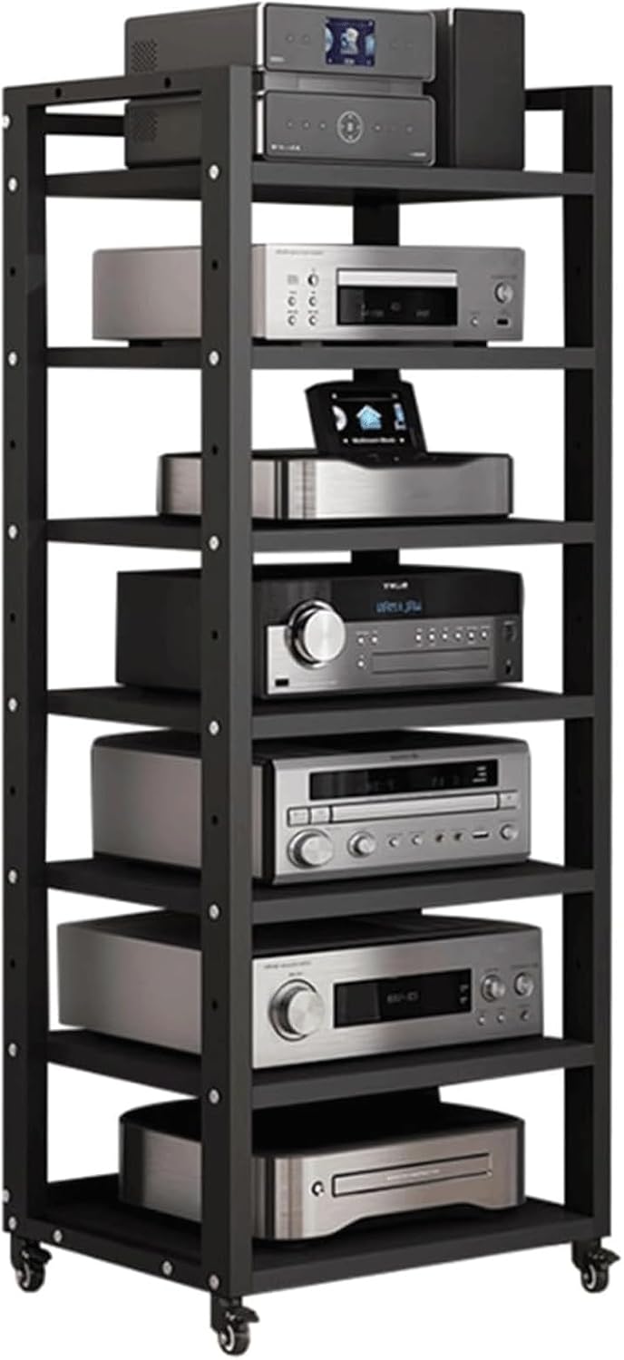 Audio Rack Movable Stereo Rack Adjustable Audio Equipment Rack Audio Open AV Stand Wooden with Wheels HiFi Rack Audio-Video Shelving(Nero,7 Tier)