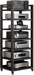 Audio Rack Movable Stereo Rack Adjustable Audio Equipment Rack Audio Open AV Stand Wooden with Wheels HiFi Rack Audio-Video Shelving(Nero,7 Tier)