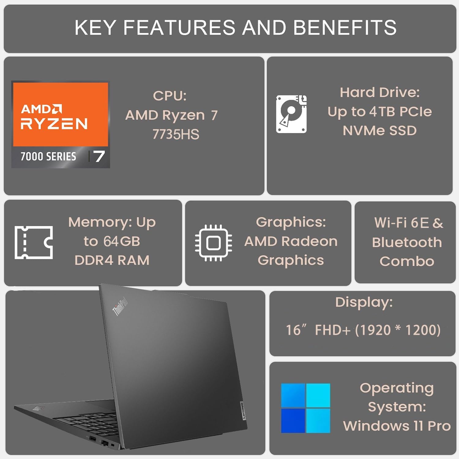 Lenovo ThinkPad E16 G2 Laptop Computer, 16' FHD+, AMD 8-Core Ryzen 7 7735HS, 16GB DDR5 RAM, 1TB PCIe SSD, WiFi 6E, Windows 11 Pro