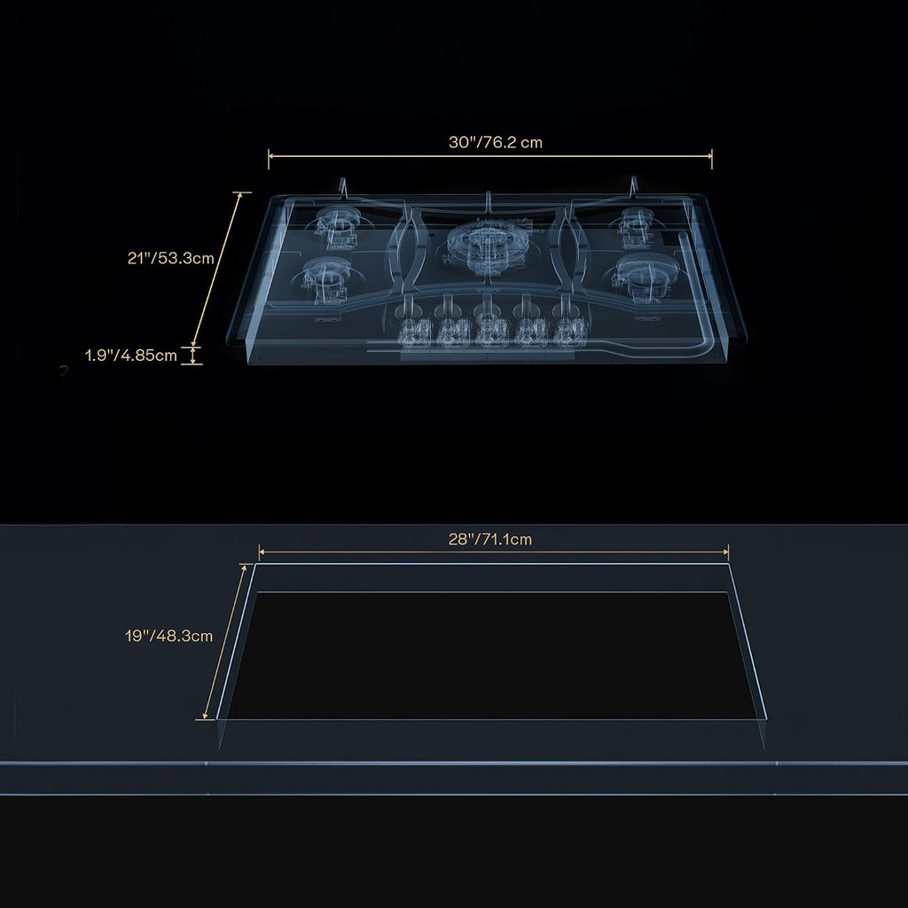 30 inch Drop-in Gas Cooktop with 5 Sealed Burners, Stainless Steel Stovetop, Dishwasher Safe Cast Iron Grates, NG/LPG Convertible, 38K BTU