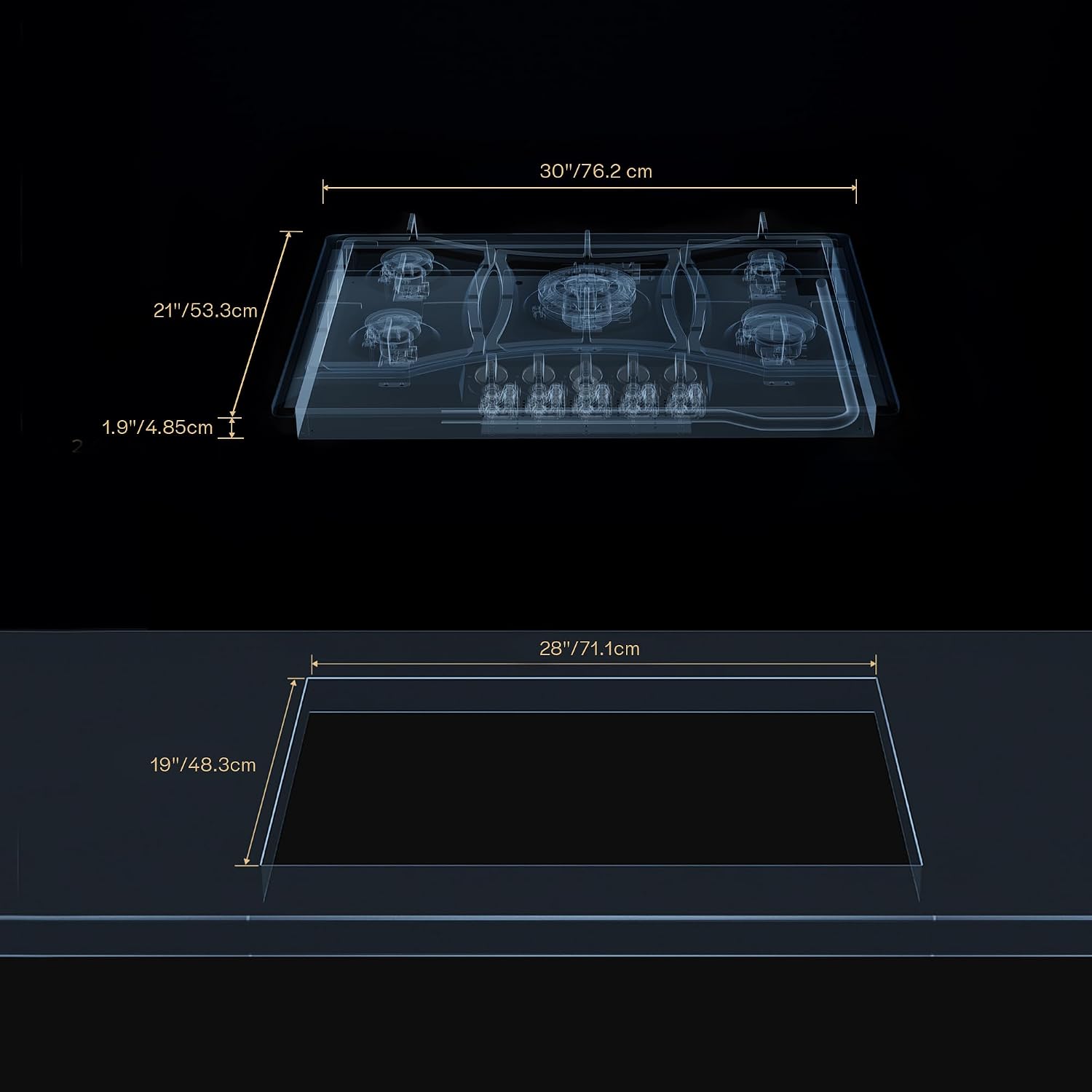 30 inch Drop-in Gas Cooktop with 5 Sealed Burners, Stainless Steel Stovetop, Dishwasher Safe Cast Iron Grates, NG/LPG Convertible, 38K BTU