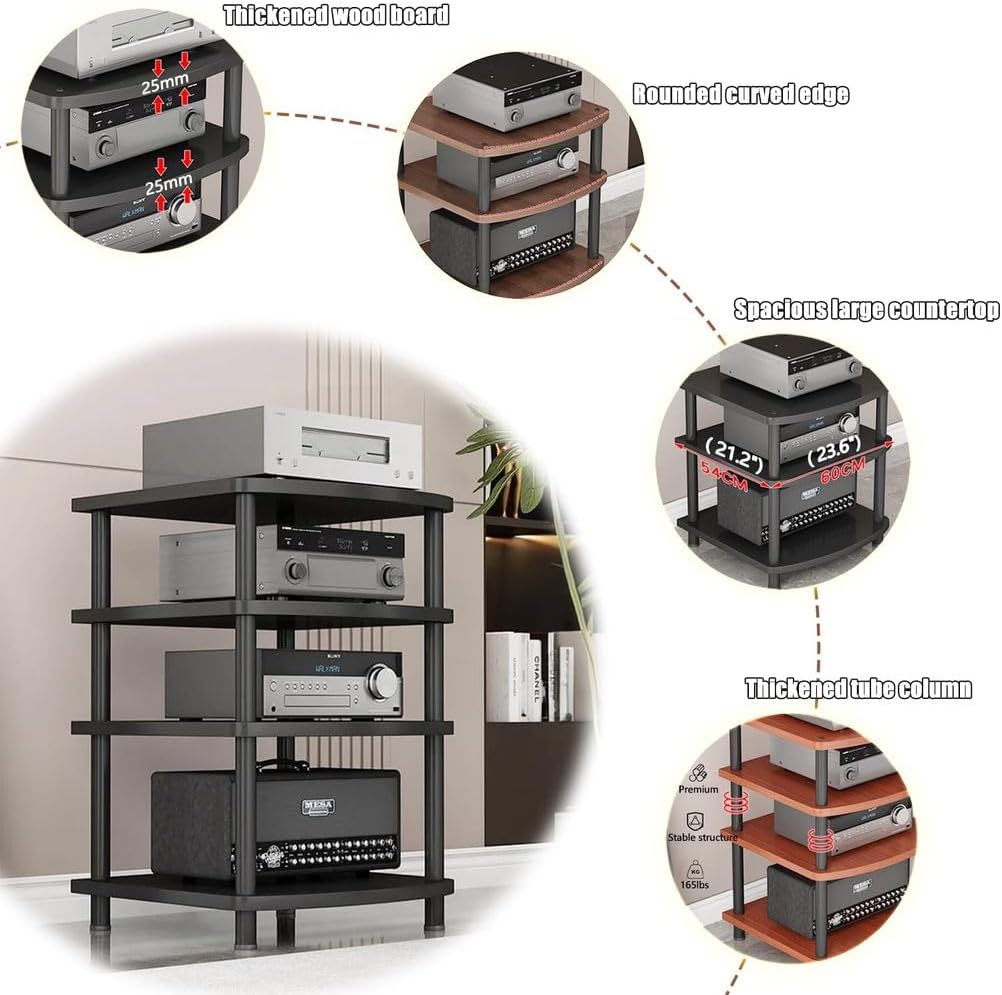 4-Tier AV Media Stand Audio Rack Tower Adjustable Height TV Game Console Equipment Shelf CD Record Player Stereo Component Rack Cabinet for Home Theater Studio,Brown,4 Tier