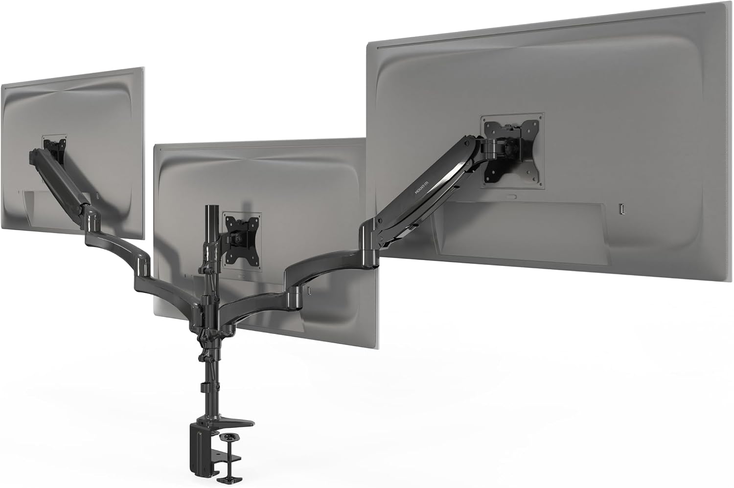 Mount-It! Triple Monitor Mount Desk Stand, 3 Monitor Desk Mount with Gas Spring Arms, Fits 13–32 Inch Screens up to 17.6 lbs per Arm, VESA 75x75 & 100x100, Clamp-On Installation, Black