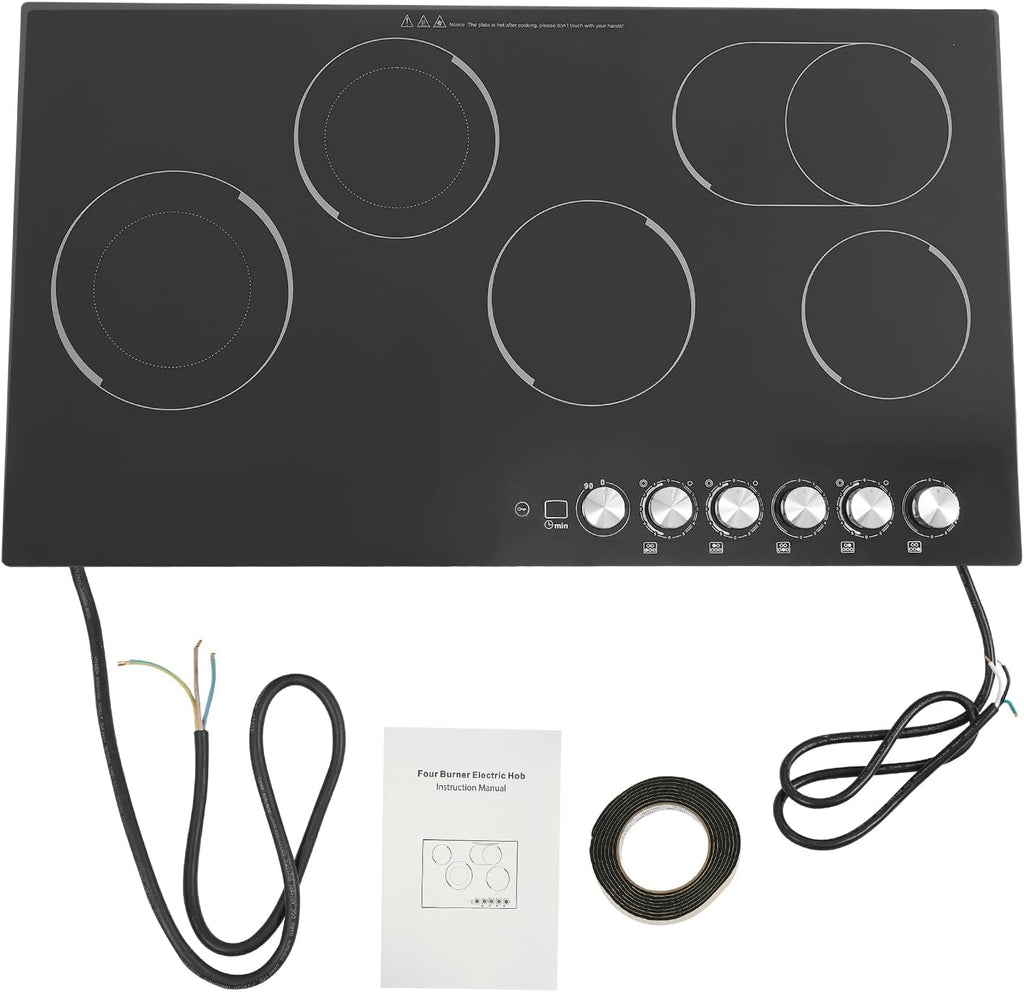 5 Burners Electric Cooktop, 35 Inch 48000W Electric Ceramic Cooktop Built-in Electric Stove Top with 5 Heating Levels, Kid Safety Lock, Timer and Knob Control, 110V for Hard Wire (No Plug)