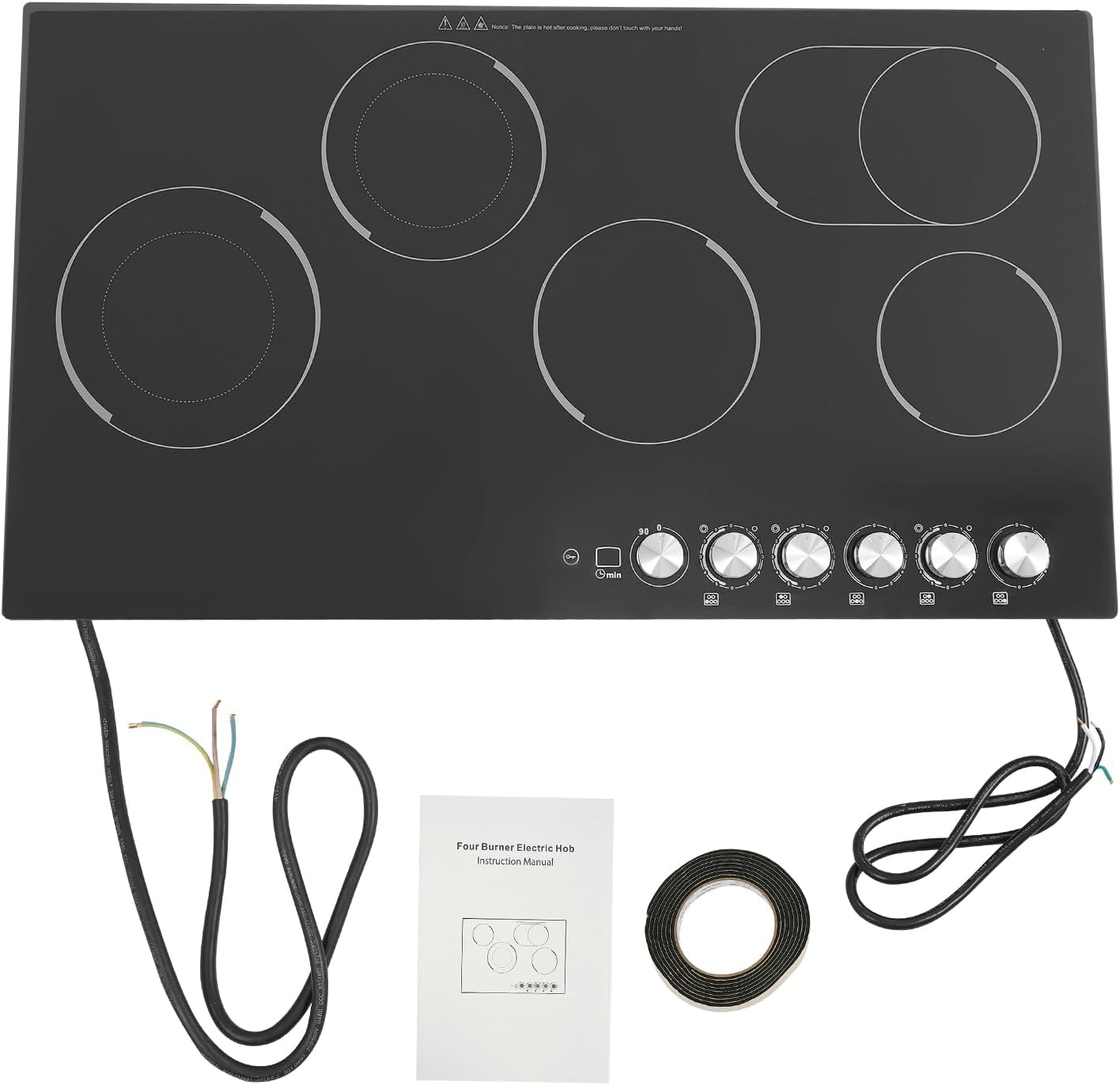 5 Burners Electric Cooktop, 35 Inch 48000W Electric Ceramic Cooktop Built-in Electric Stove Top with 5 Heating Levels, Kid Safety Lock, Timer and Knob Control, 110V for Hard Wire (No Plug)