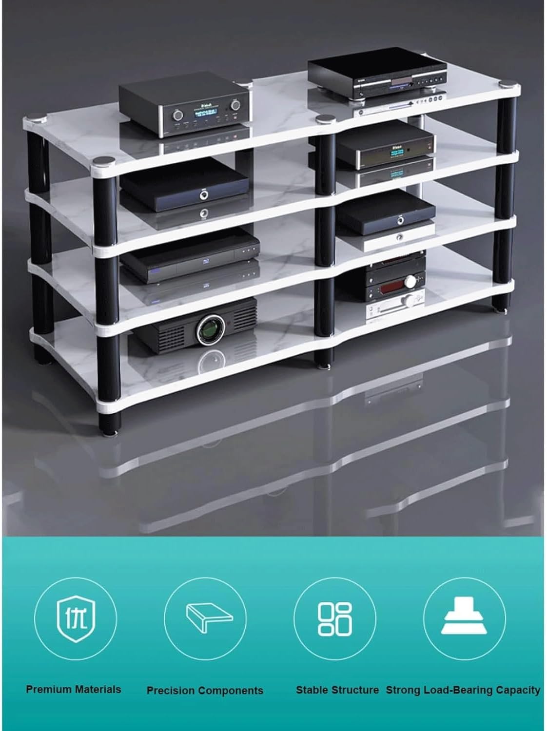 Audio Rack 1/2/3/4 Tier Stereo Rack Audio Equipment Rack Audio Stereo Shelf Wooden HiFi Rack Audio-Video Shelving Shock-Absorbing(Nero,4 Tier)