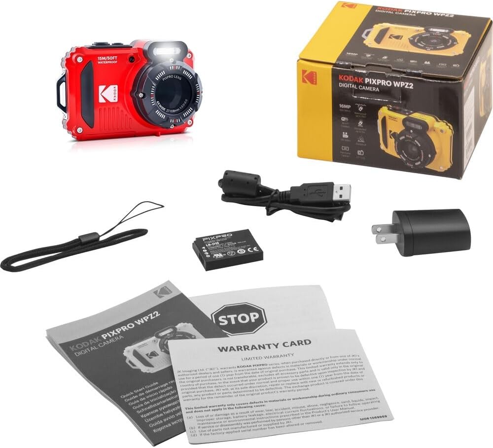 KODAK PIXPRO WPZ2 Waterproof Digital Camera Bundle, Includes: SanDisk 32GB MicroSD Memory Card, Spare Battery and More (5 Items) (Red)