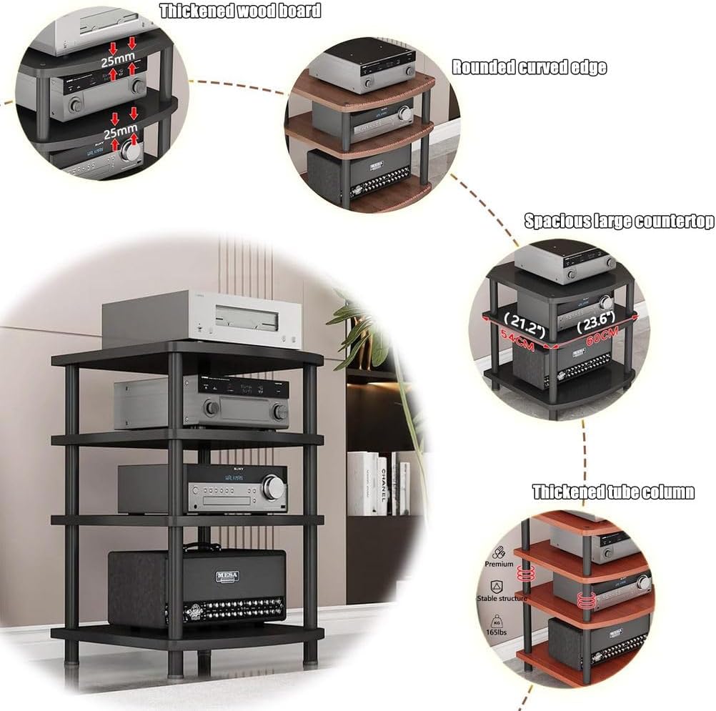 4-Tier AV Media Stand Audio Rack Tower Adjustable Height TV Game Console Equipment Shelf CD Record Player Stereo Component Rack Cabinet for Home Theater Studio,Brown,3 Tier
