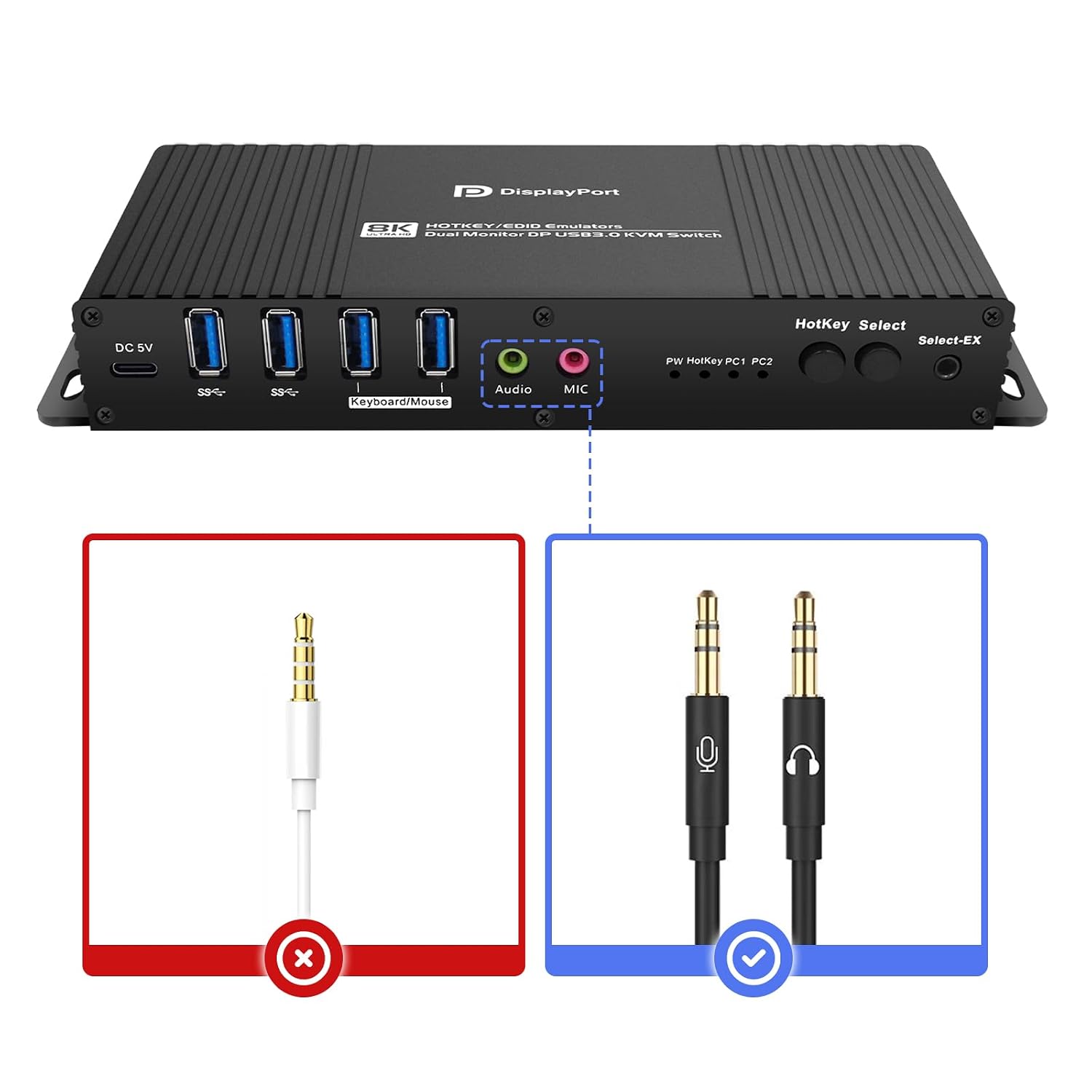 8K@60Hz DP KVM Switch 2 Monitors 2 Computers USB 3.0, KVM Switch Dual Monitor 2 Computers DisplayPort 1.4, Support EDID, Hotkey Switch, 4K@144Hz 2K@144Hz for Gaming&Home Office